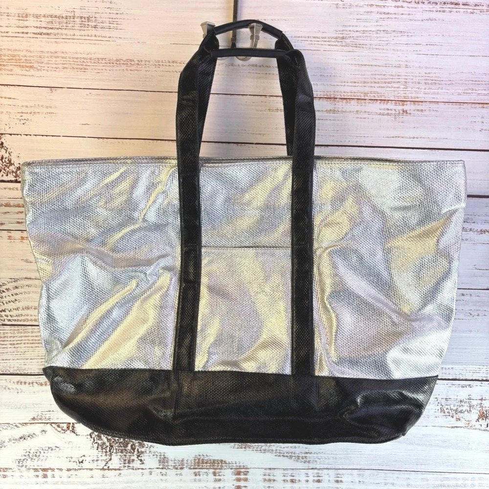 Victoria's Secret Tote Bag Silver Black Metallic Textured Y2K Aesthetic NWT